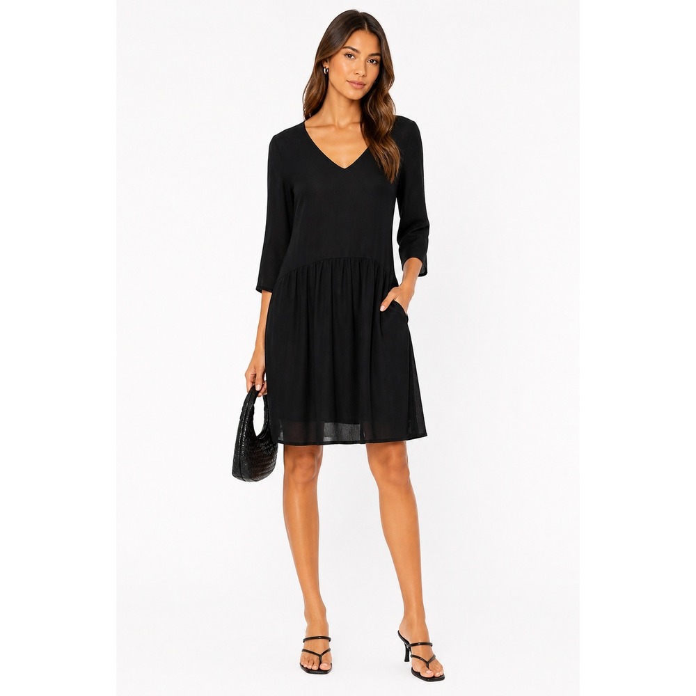 Garnet Hill Dress Womens 6 Black V-Neck Drop Waist 3/4 Sleeve Pockets Viscose‎